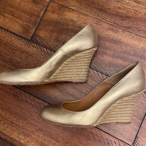 Lanvin Gold Metallic Leather Jute Wedge